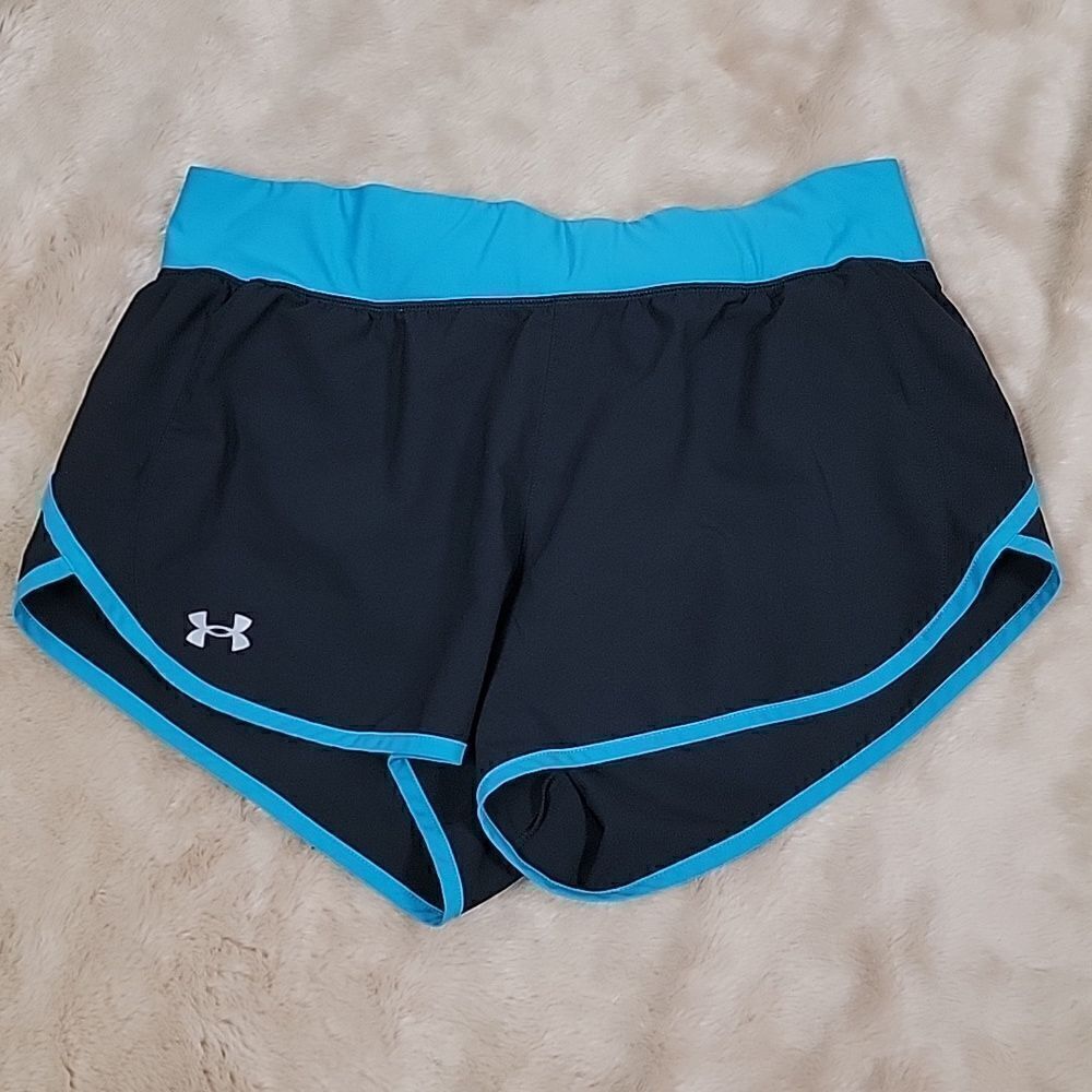UNDER ARMOUR UA BLACK WITH TURQUOISE HEATGEAT FITTED RUNNING SHORTS, SIZE LARGE